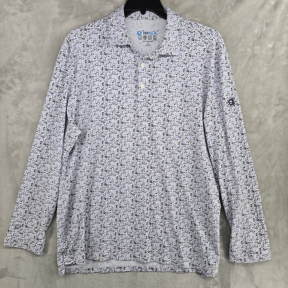 IBKUL Mens XL Long Sleeve Floral Print Golf Polo Shirt UPF 50+ Quick Dry‎